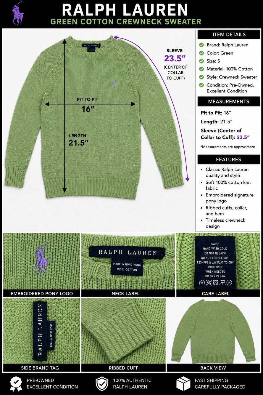Ralph Lauren Green Cotton Crewneck Sweater Women’s S Pony Logo Preppy EUC